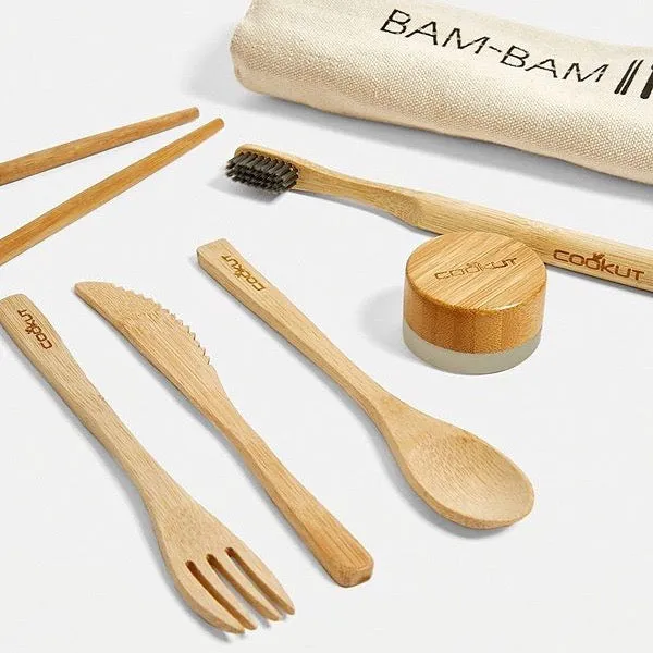 Cutlery eating set portable on the go with fold out roll case in bamboo