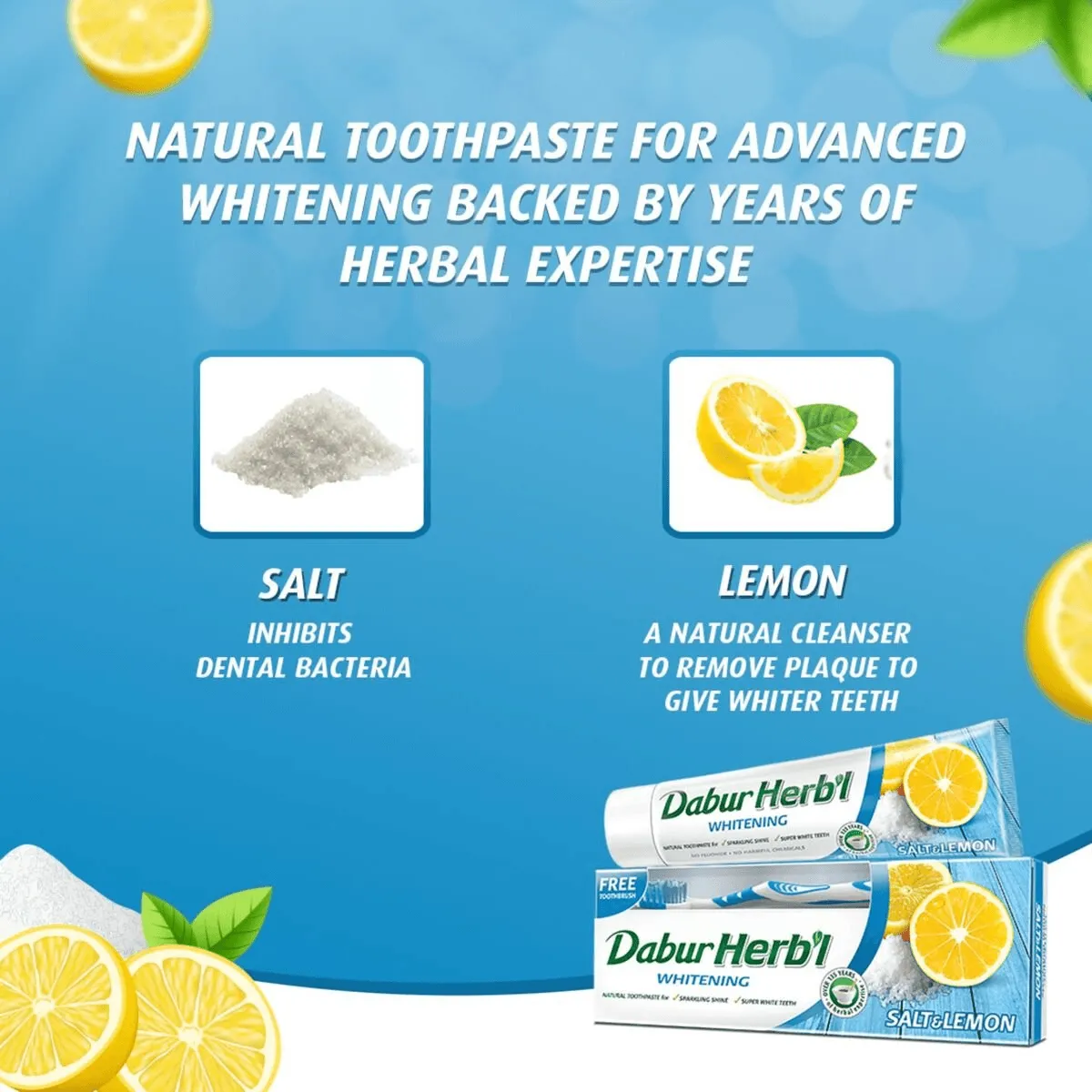 Dabur Herbal Whitening Salt & Lemon Toothpaste With Tooth Brush Free - 150g