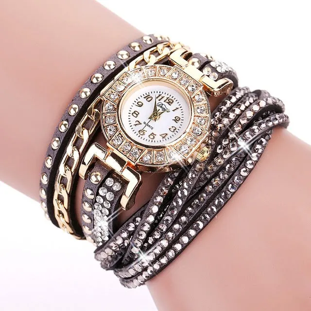 Duoya Brand Fashion Round Dial Quartz Watch Women Flower Wristwatch Steel Luxury Bracelet Watch Multilayer Leather Wrist Watch