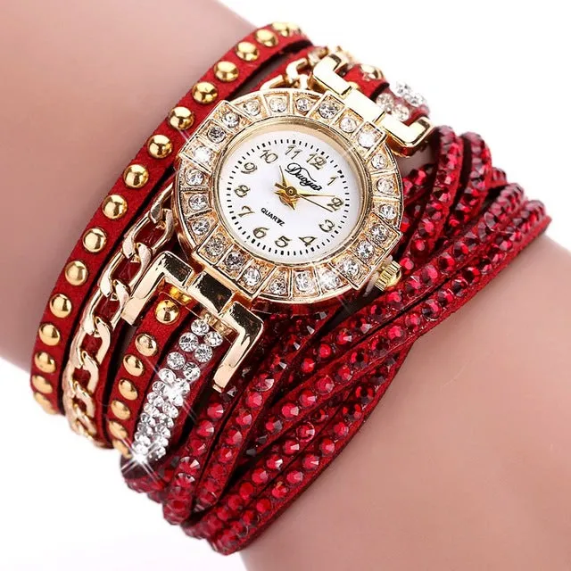 Duoya Brand Fashion Round Dial Quartz Watch Women Flower Wristwatch Steel Luxury Bracelet Watch Multilayer Leather Wrist Watch