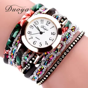 Duoya Brand Fashion Round Dial Quartz Watch Women Flower Wristwatch Steel Luxury Bracelet Watch Multilayer Leather Wrist Watch