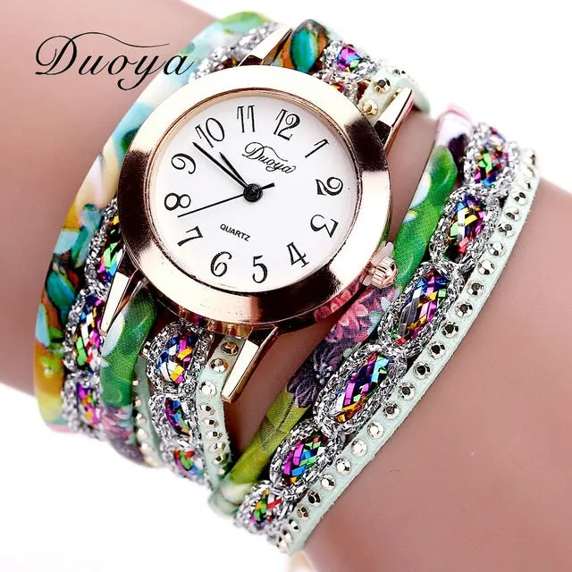 Duoya Brand Fashion Round Dial Quartz Watch Women Flower Wristwatch Steel Luxury Bracelet Watch Multilayer Leather Wrist Watch