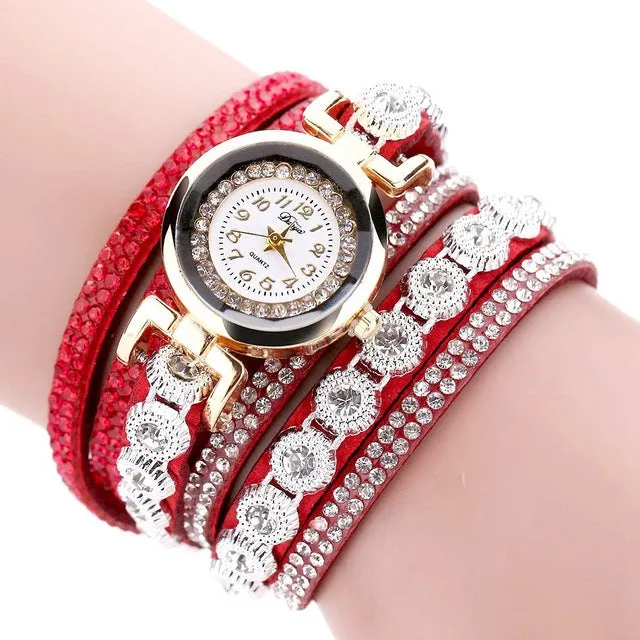 Duoya Brand Women Bracelet Luxury Wrist Watch For Women Watch 2016 Crystal Round Dial Dress Gold Ladies Leather Clock Watch