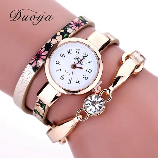 Duoya Luxury Women Brand Thin Leather Rose Gold Bracelet Watch Women Crystal Quartz Wristwatch Montre Female Women Girl Watch