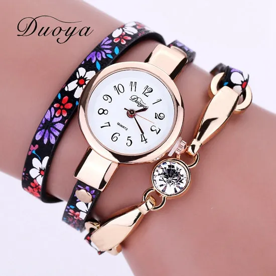 Duoya Luxury Women Brand Thin Leather Rose Gold Bracelet Watch Women Crystal Quartz Wristwatch Montre Female Women Girl Watch