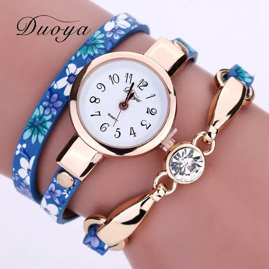 Duoya Luxury Women Brand Thin Leather Rose Gold Bracelet Watch Women Crystal Quartz Wristwatch Montre Female Women Girl Watch