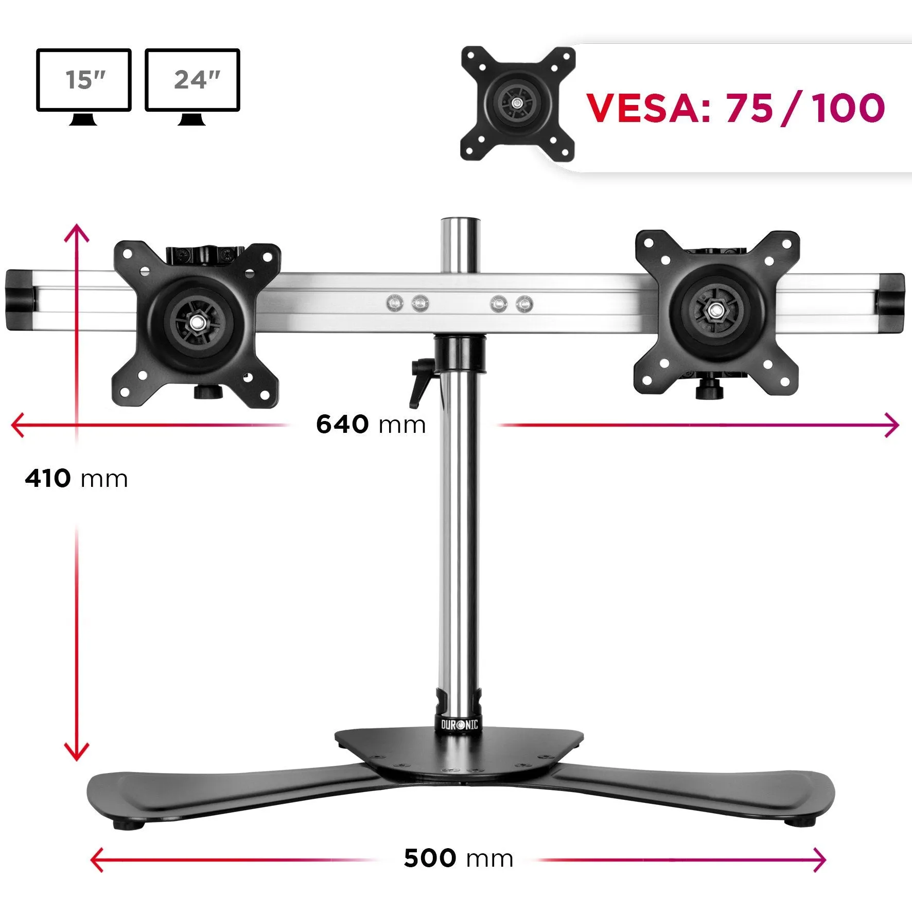 Duronic Computer Monitor Arms Stand DM752 Dual Freestanding PC Multi Arm Desk Mount Height Adjustable Stands for VESA 75/100 Two 15-24 Inch LED LCD Screens 8kg Capacity Mounts Tilt -15/ 15 Rotate 360 - Black