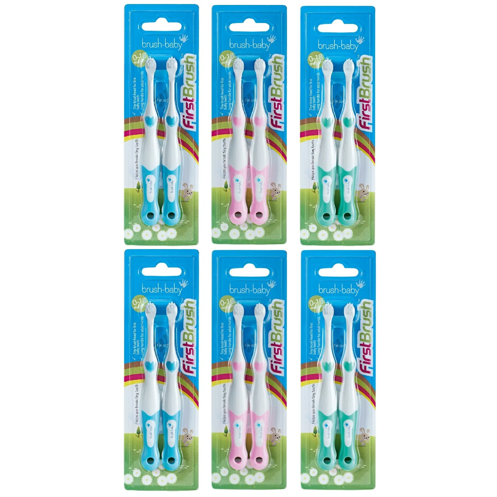 FirstBrush™ First Baby Toothbrush (0-18 months) Double Pack (Pack of 6 Mixed Colours)