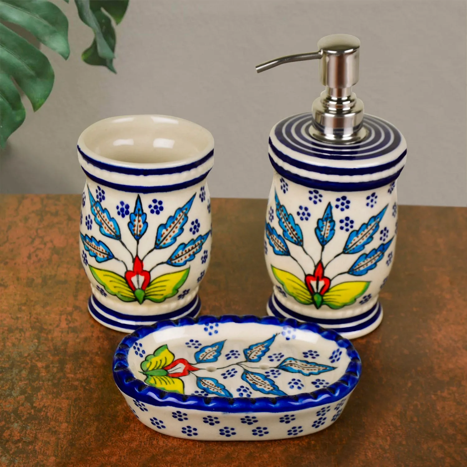 Handpainted Ceramic Bathroom Set (Blue, 1 Liquid Soap Dispenser, 1 Soap Tray, 1 Toothbrush Holder)