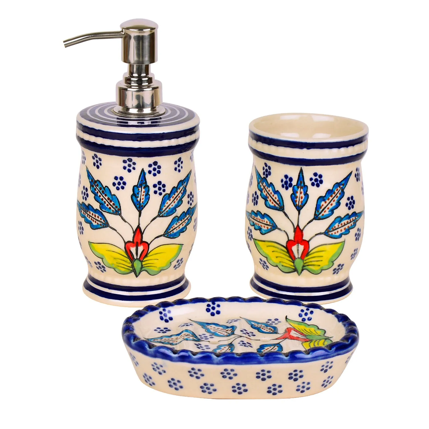 Handpainted Ceramic Bathroom Set (Blue, 1 Liquid Soap Dispenser, 1 Soap Tray, 1 Toothbrush Holder)