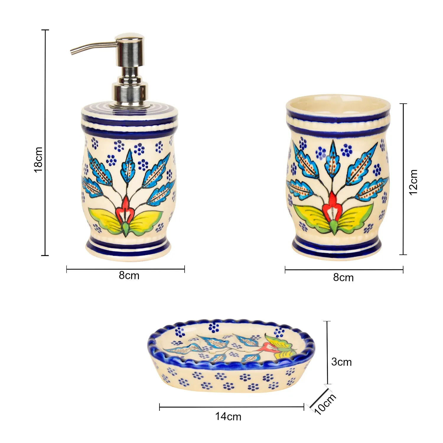 Handpainted Ceramic Bathroom Set (Blue, 1 Liquid Soap Dispenser, 1 Soap Tray, 1 Toothbrush Holder)