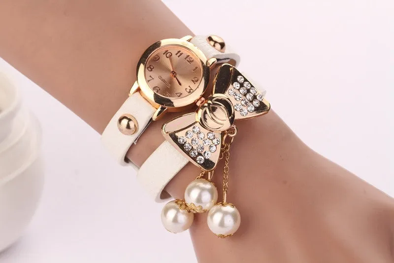 Hot New Style Fashion Women Dress Watches Leather Steel Rhinestone Quartz Reloj Mujer Butterfly Pearl Luxury Girl's bracelet watch