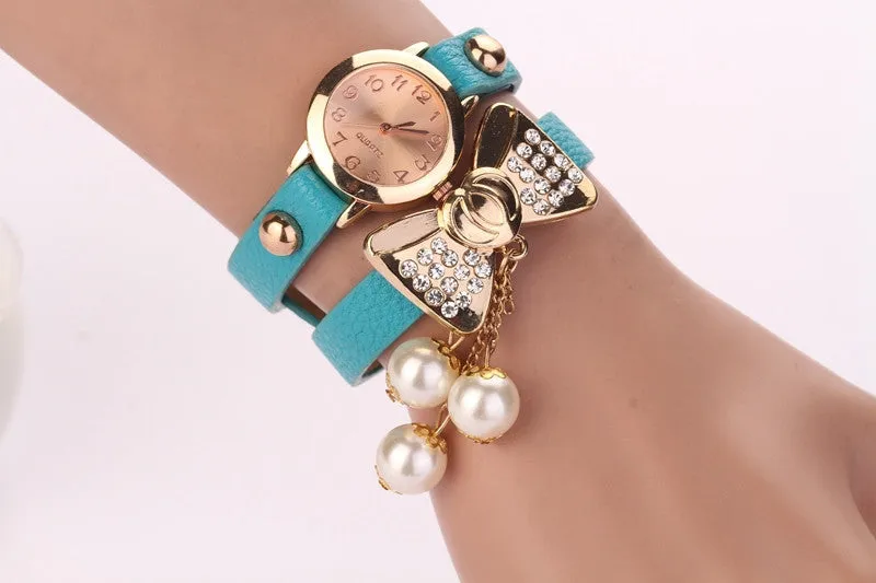 Hot New Style Fashion Women Dress Watches Leather Steel Rhinestone Quartz Reloj Mujer Butterfly Pearl Luxury Girl's bracelet watch