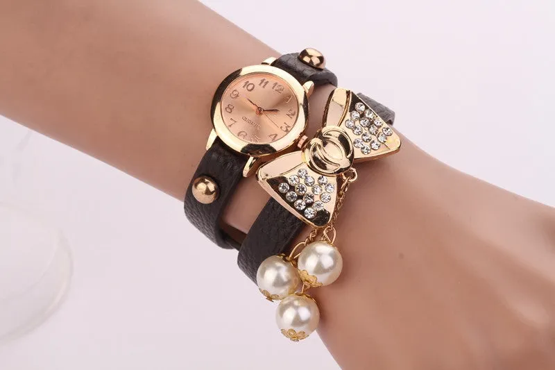 Hot New Style Fashion Women Dress Watches Leather Steel Rhinestone Quartz Reloj Mujer Butterfly Pearl Luxury Girl's bracelet watch