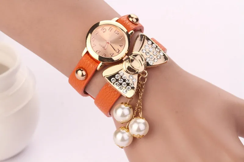 Hot New Style Fashion Women Dress Watches Leather Steel Rhinestone Quartz Reloj Mujer Butterfly Pearl Luxury Girl's bracelet watch