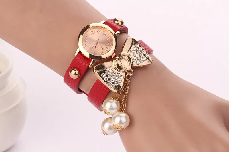 Hot New Style Fashion Women Dress Watches Leather Steel Rhinestone Quartz Reloj Mujer Butterfly Pearl Luxury Girl's bracelet watch