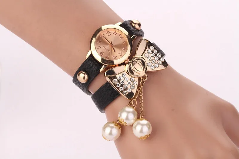 Hot New Style Fashion Women Dress Watches Leather Steel Rhinestone Quartz Reloj Mujer Butterfly Pearl Luxury Girl's bracelet watch