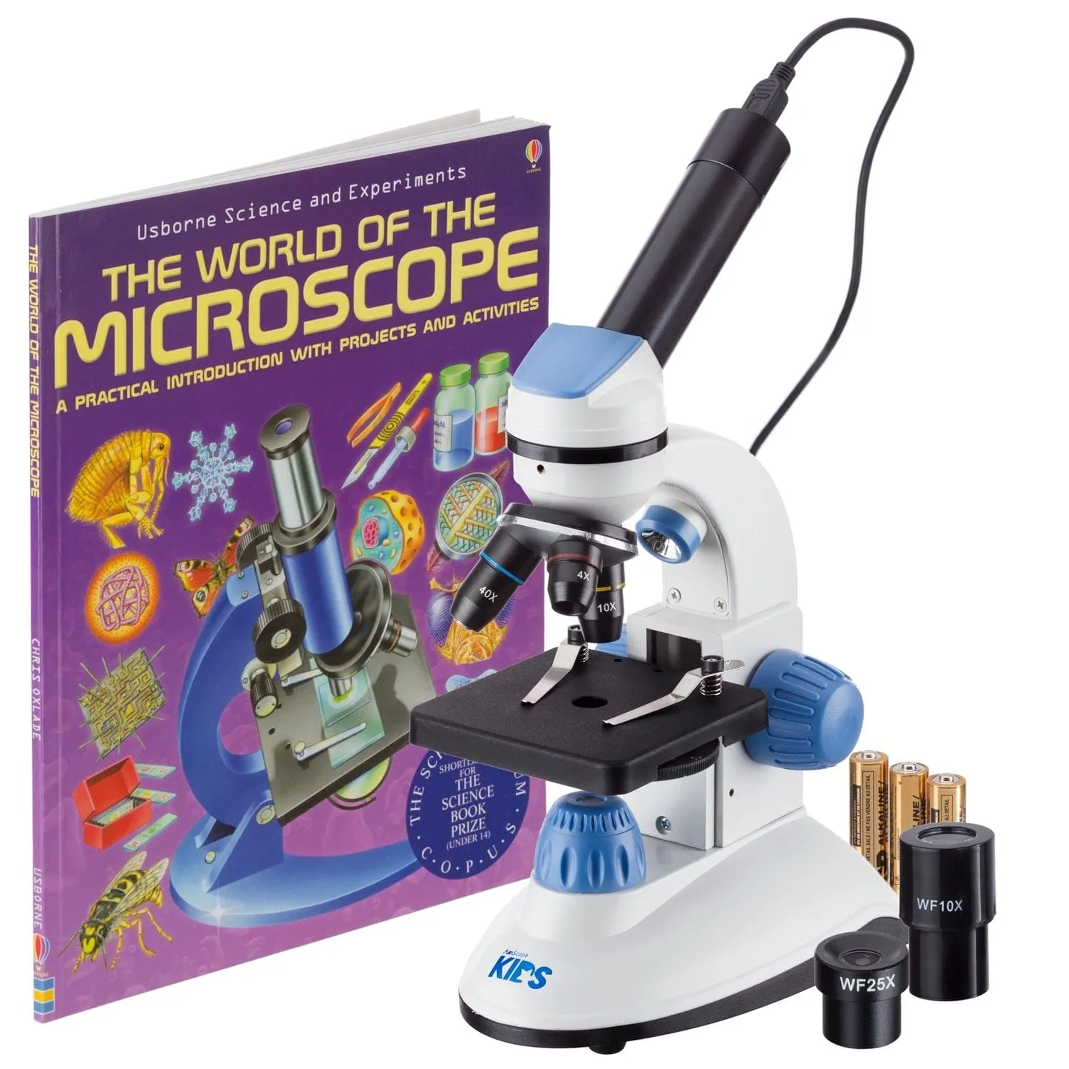 IQCrew by AmScope M50 Series Monocular Compound Microscope (Blue) 40X-1000X Magnification with Digital Eyepiece and Book