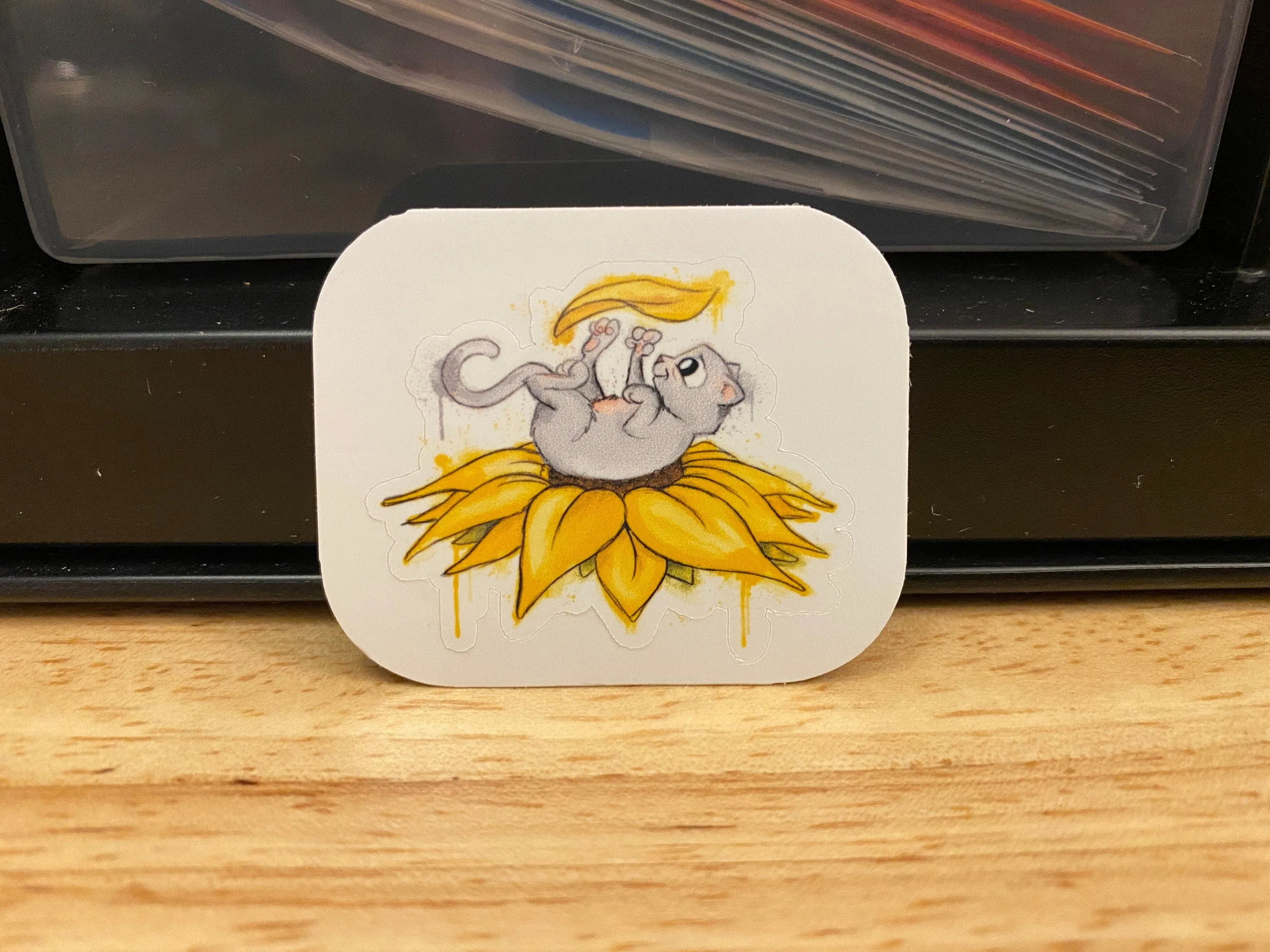 Kitty playing with Sunflower Sticker, Grey Cat with sunflower Sticker,  Cat sticker, Cute Cat Sticker, Cat playing