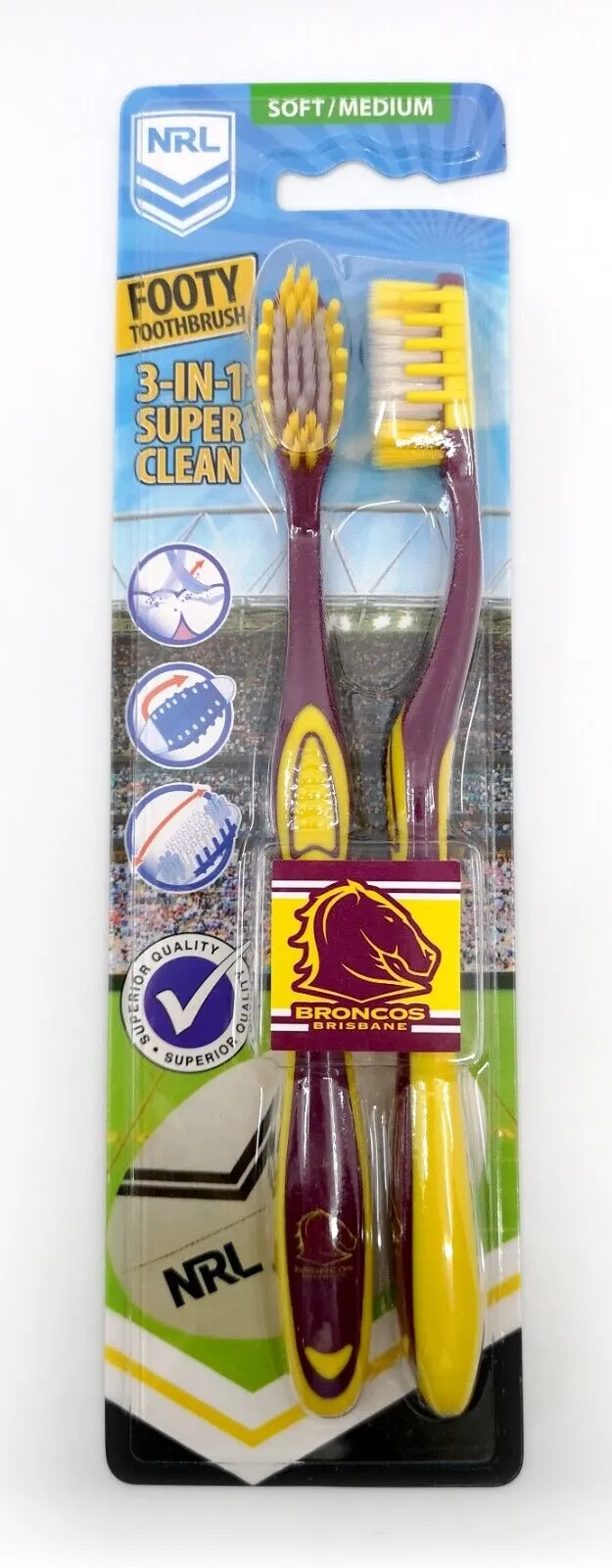 NRL Adult Toothbrush Twin Pack - Brisbane Broncos - Set of Two - Soft/Medium