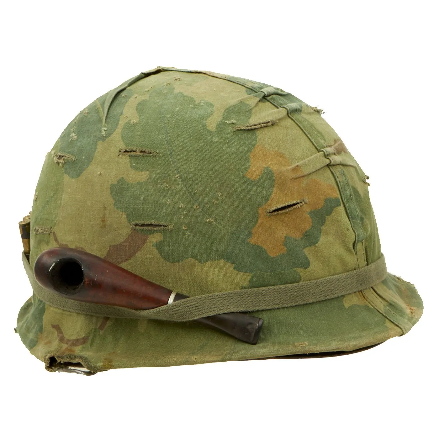 Original U.S. Vietnam M1 Helmet with USMC Camouflage Cover, Tobacco Pipe & Dummy Ammo