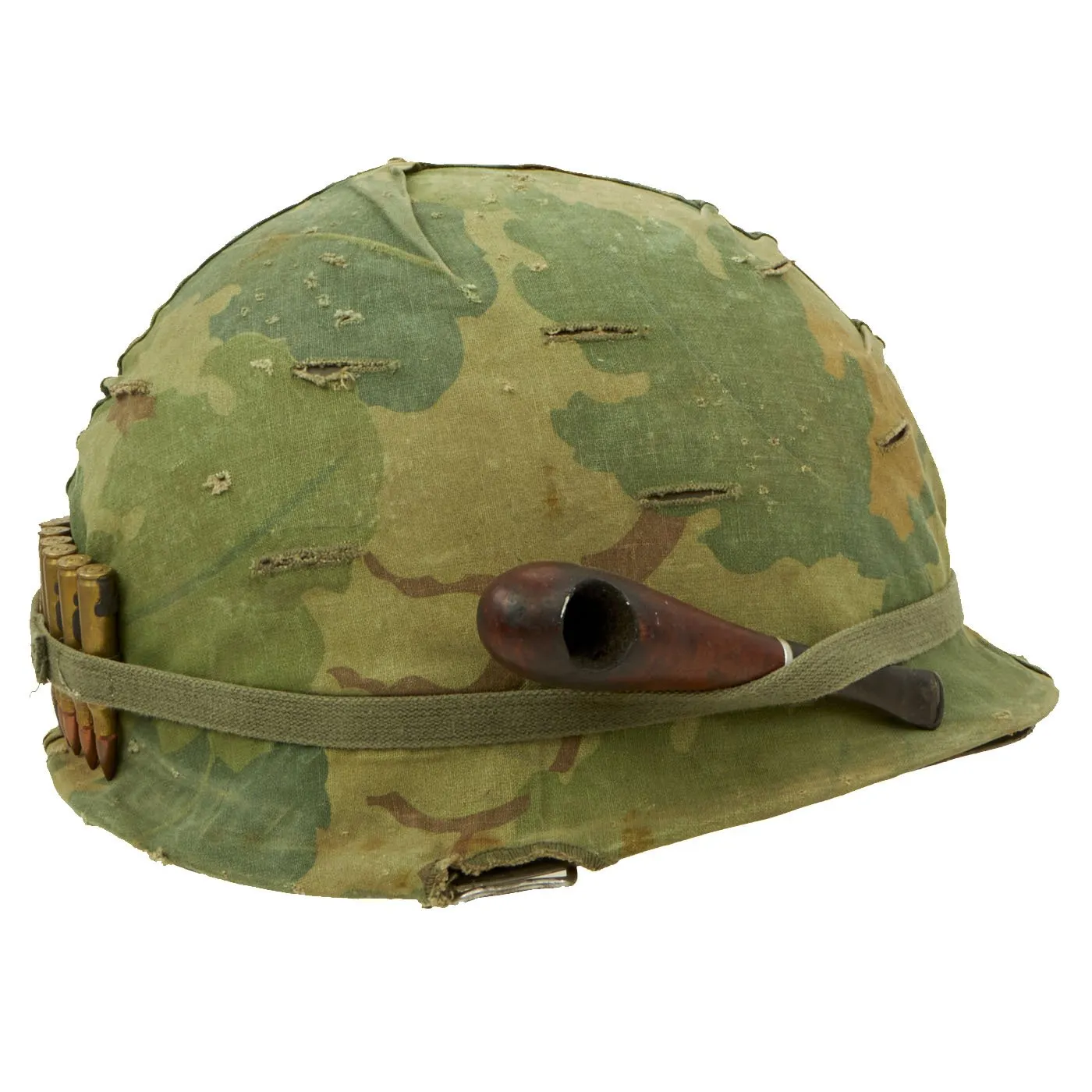 Original U.S. Vietnam M1 Helmet with USMC Camouflage Cover, Tobacco Pipe & Dummy Ammo