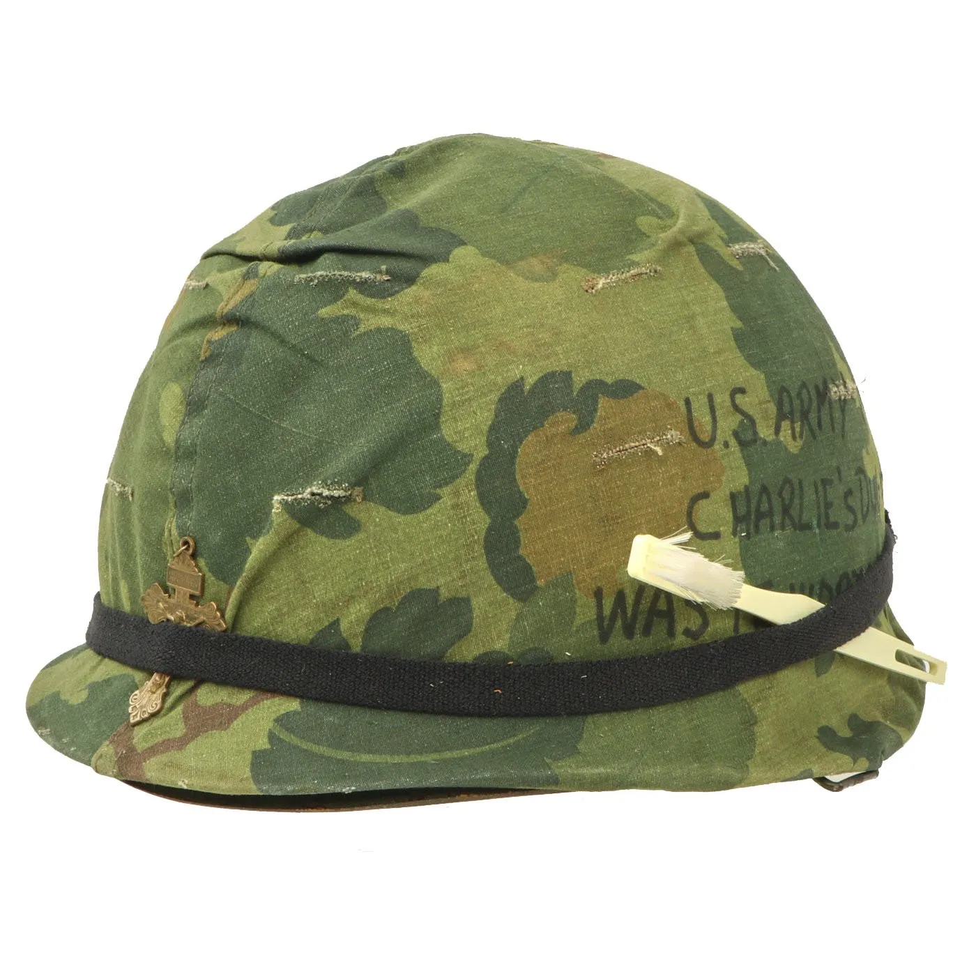 Original U.S. Vietnam M1 Ingersoll Helmet with Personalized USMC Camo Cover & Accessories