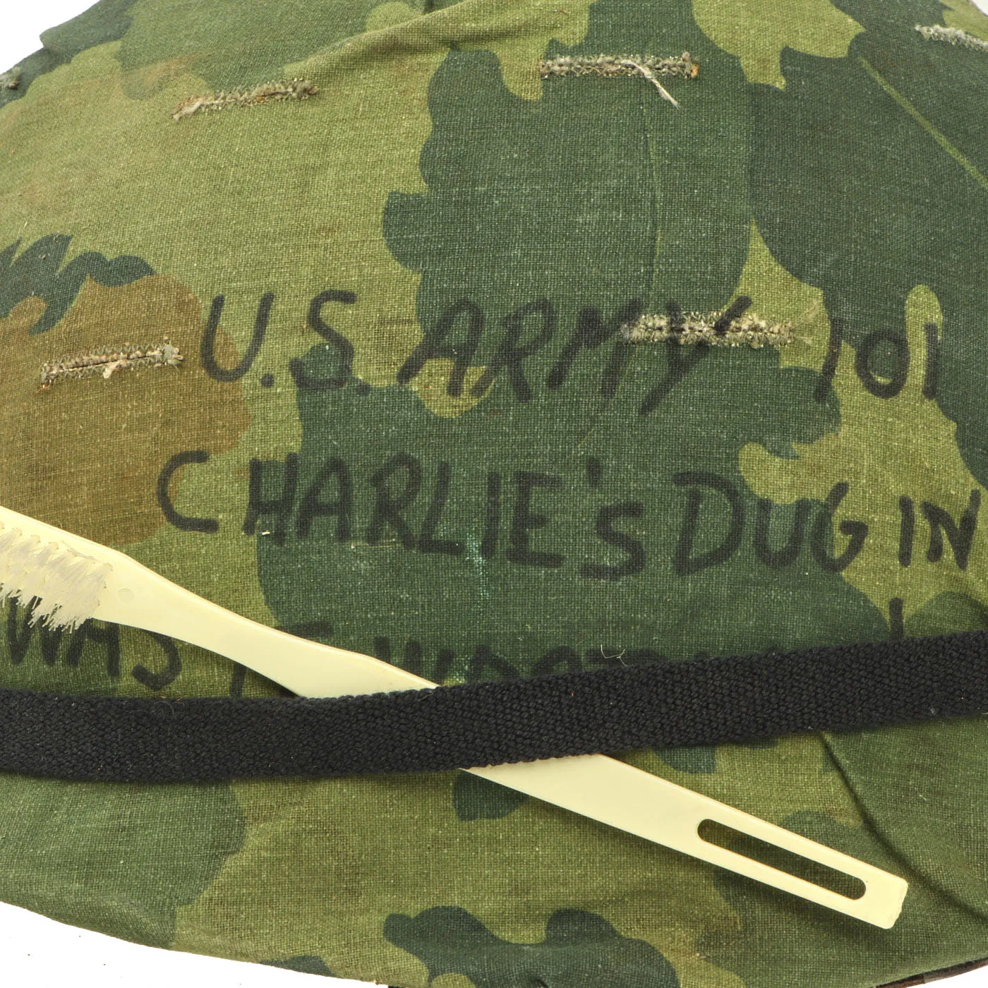 Original U.S. Vietnam M1 Ingersoll Helmet with Personalized USMC Camo Cover & Accessories