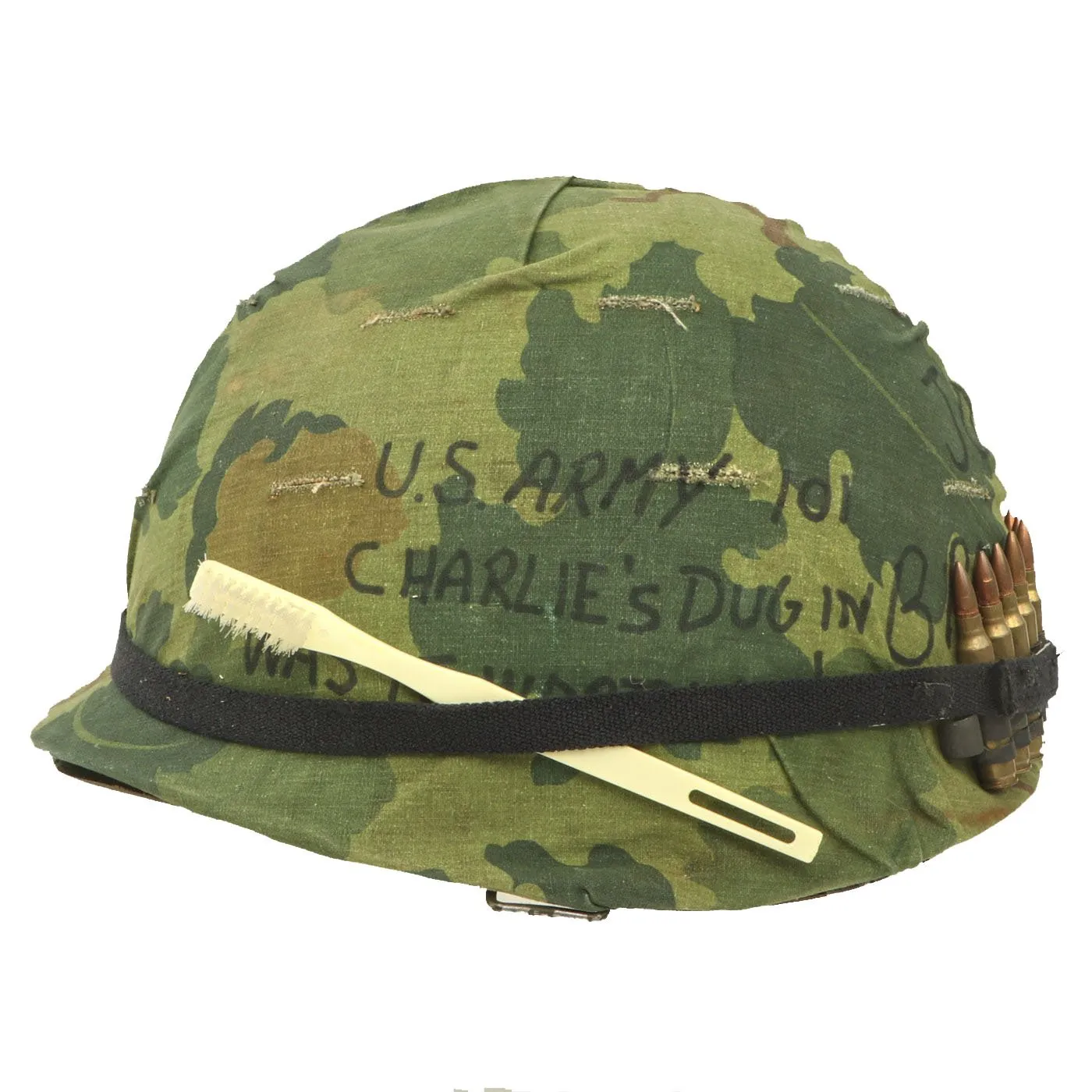 Original U.S. Vietnam M1 Ingersoll Helmet with Personalized USMC Camo Cover & Accessories