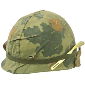 Original U.S. WWII & Vietnam Named M1 McCord Rear Seam Helmet with USMC Camo Cover & Accessories