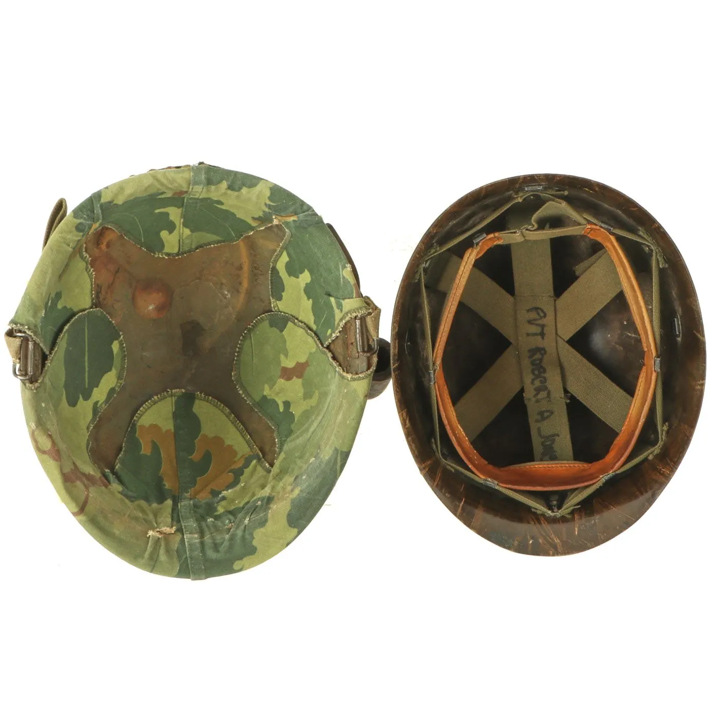 Original U.S. WWII & Vietnam Named M1 McCord Rear Seam Helmet with USMC Camo Cover & Accessories