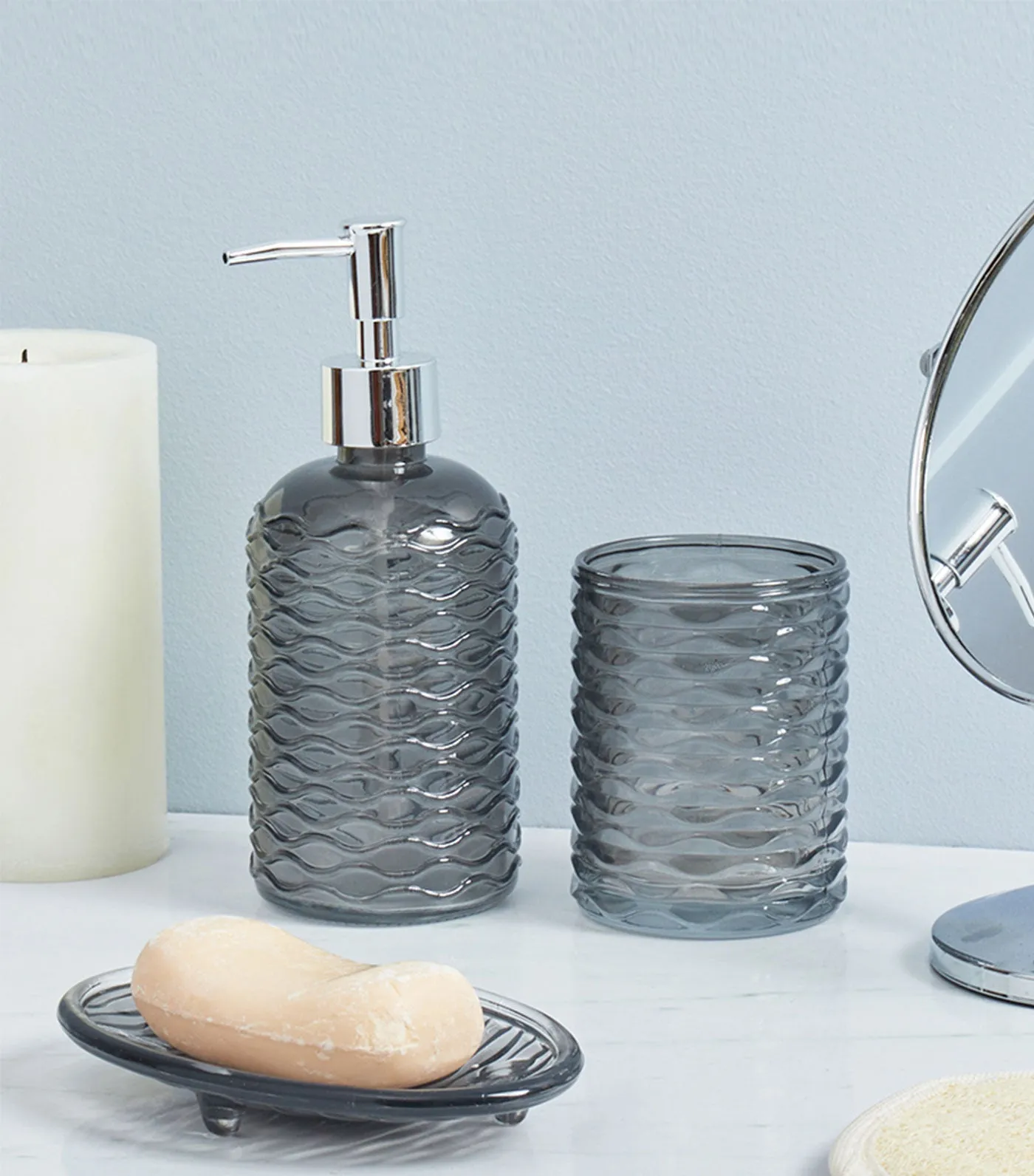 Rippled 3-Piece Glass Bathroom Accessories Set