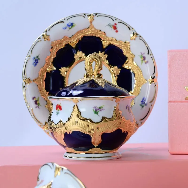 Royal Cort Luxury  Style Fine Porcelain 24 K Gold Plated Blue and White Coffee Tea sets