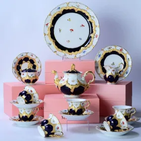 Royal Cort Luxury  Style Fine Porcelain 24 K Gold Plated Blue and White Coffee Tea sets