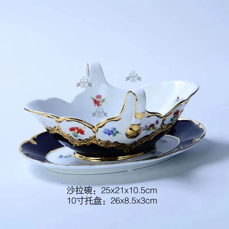 Royal Cort Luxury  Style Fine Porcelain 24 K Gold Plated Blue and White Coffee Tea sets