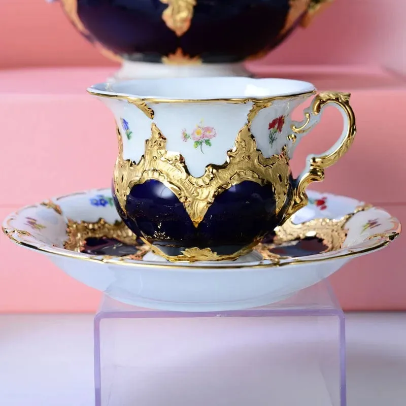 Royal Cort Luxury  Style Fine Porcelain 24 K Gold Plated Blue and White Coffee Tea sets