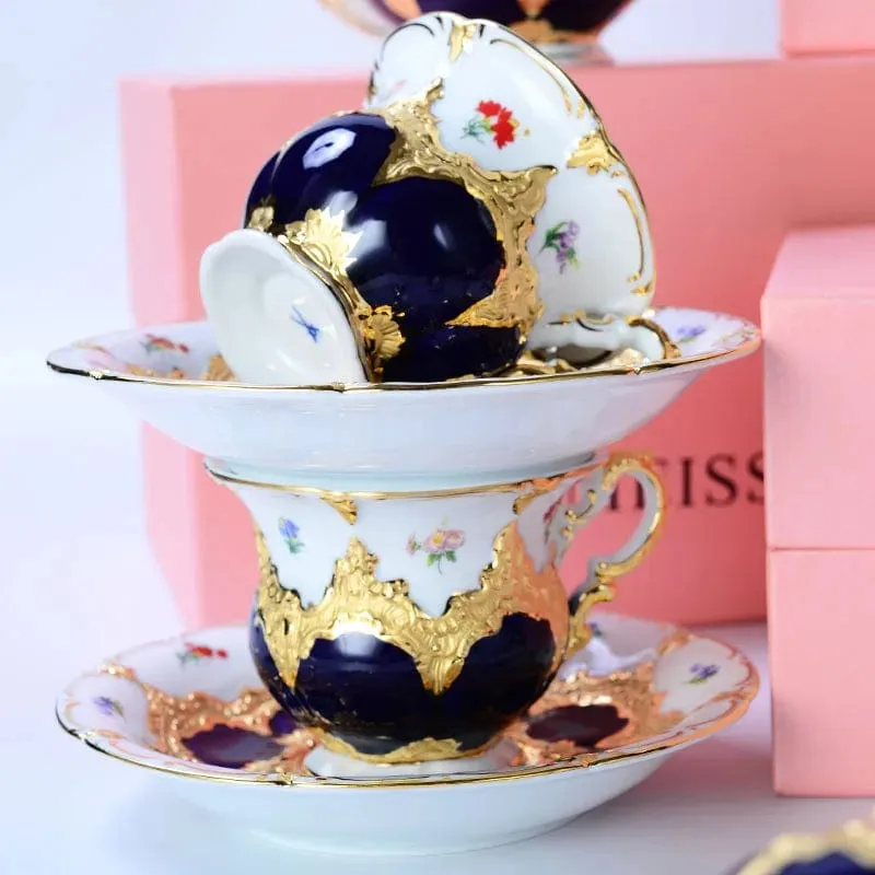 Royal Cort Luxury  Style Fine Porcelain 24 K Gold Plated Blue and White Coffee Tea sets