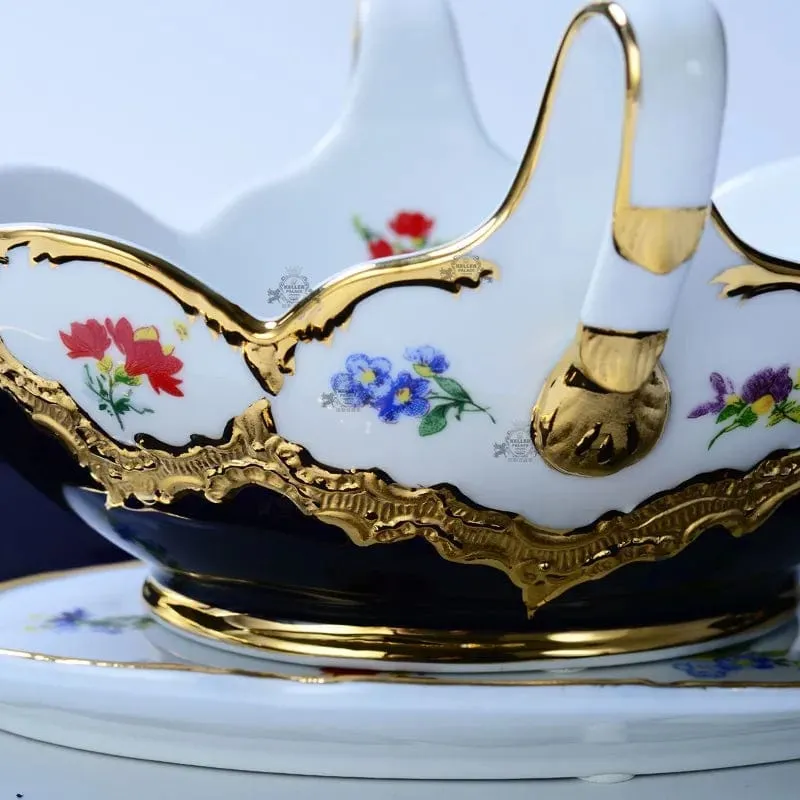 Royal Cort Luxury  Style Fine Porcelain 24 K Gold Plated Blue and White Coffee Tea sets