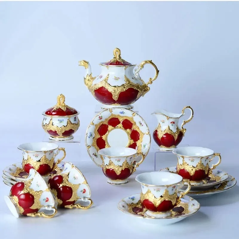 Royal Cort Luxury  Style Fine Porcelain 24 K Gold Plated Marune and White Coffee Tea Sets