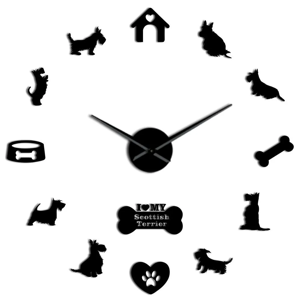 Scottish Terrier Large Wall Clock Aberdeen Terrier I Love My Scottie DIY Sticker Frameless Big Wall Clock Silent Sweep Movement