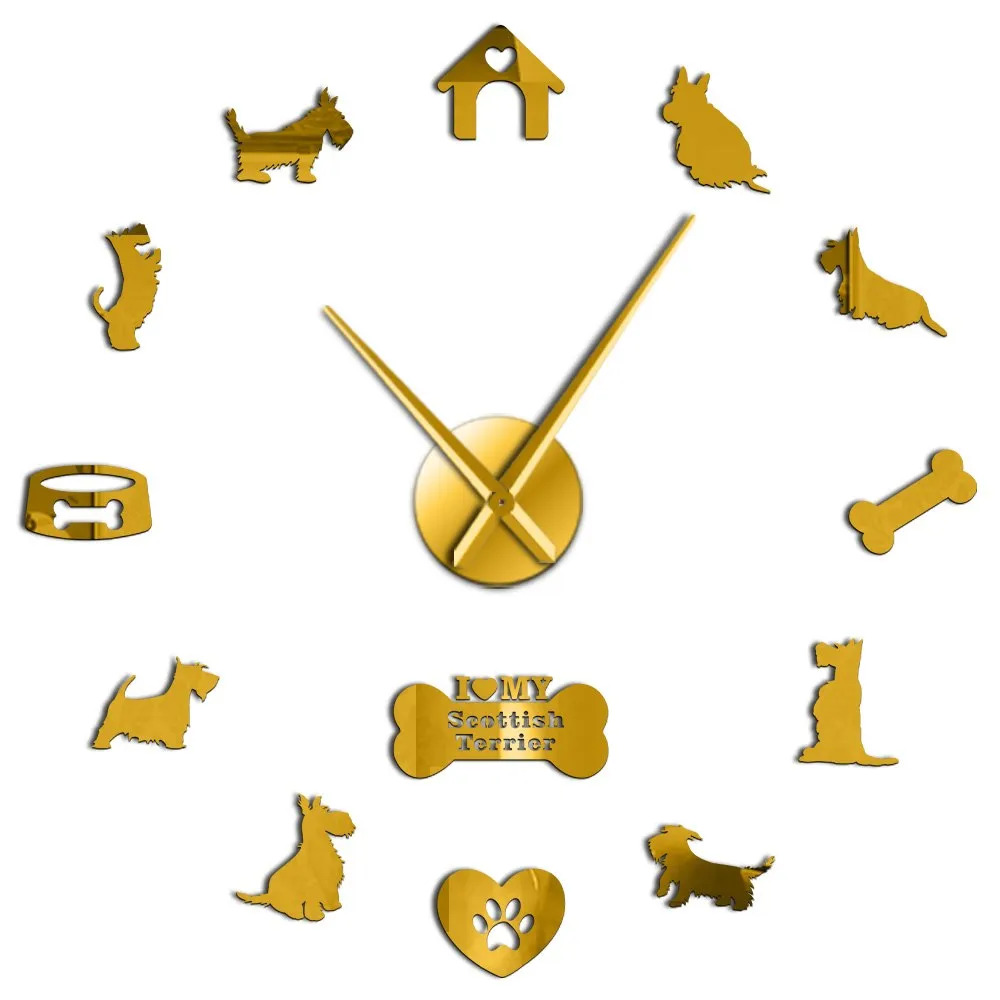 Scottish Terrier Large Wall Clock Aberdeen Terrier I Love My Scottie DIY Sticker Frameless Big Wall Clock Silent Sweep Movement