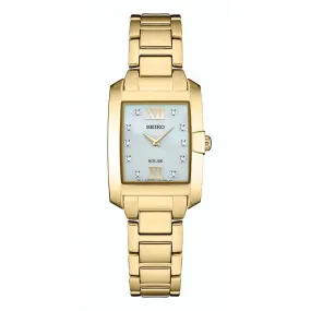 Seiko Solar Ladies Square Diamond Watch - Gold-tone -  Mother of Pearl Dial