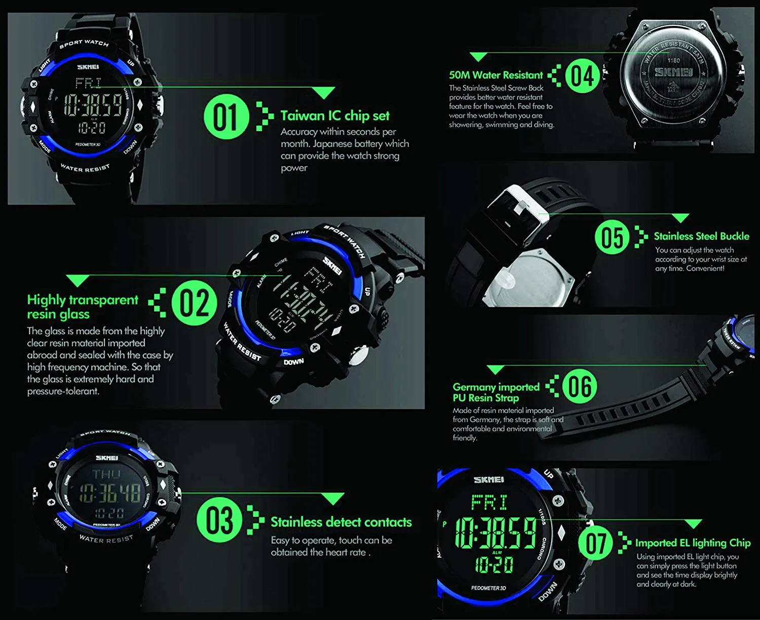 SKMEI 1180 Heart Rate Watch (Blue)