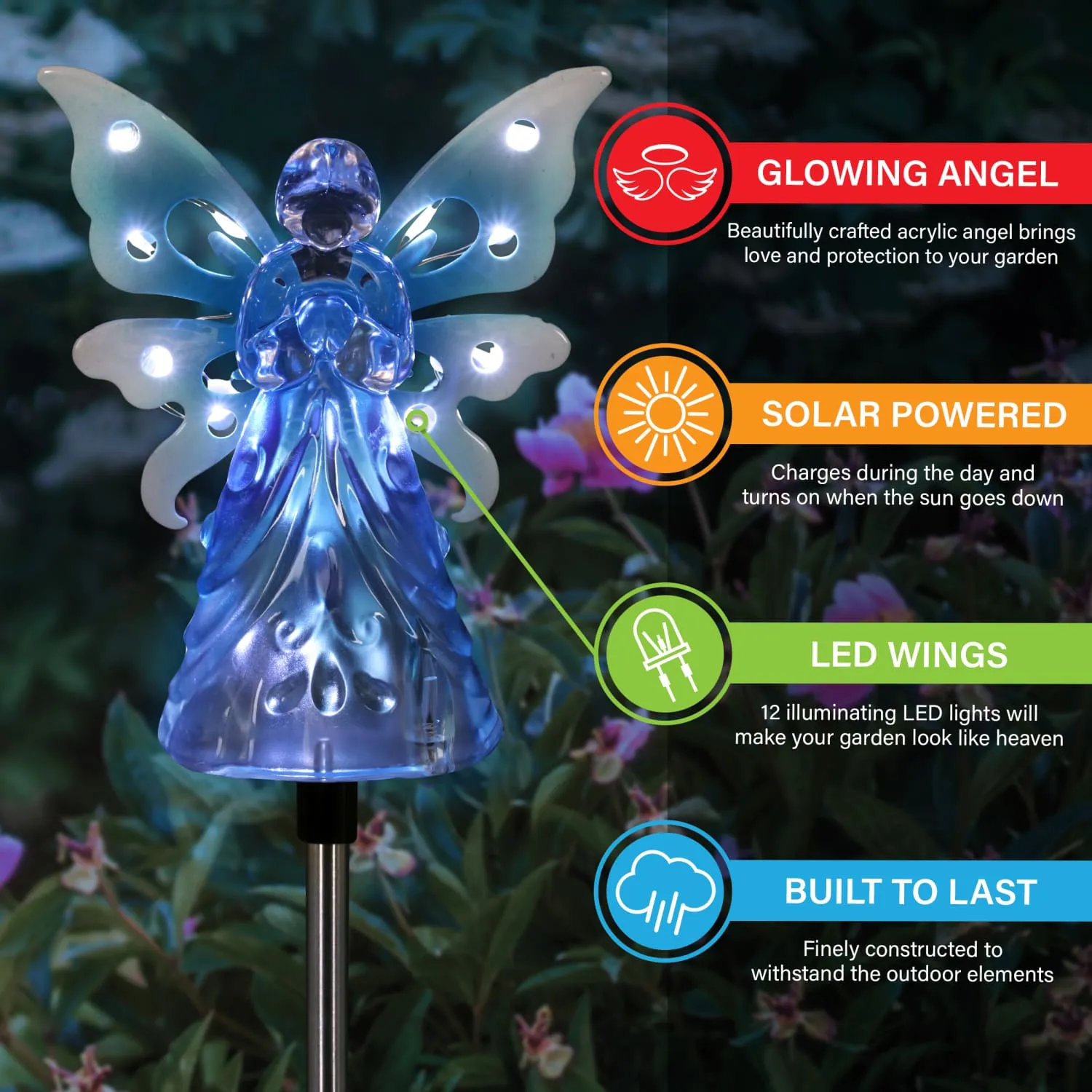 Solar Acrylic Angel with Wings and Twelve LED Lights Metal Garden Stake in Blue, 4 by 34 Inches