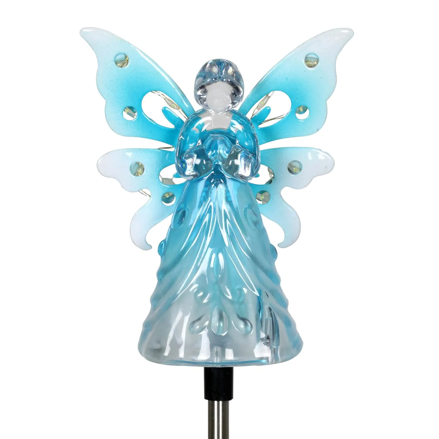 Solar Acrylic Angel with Wings and Twelve LED Lights Metal Garden Stake in Blue, 4 by 34 Inches