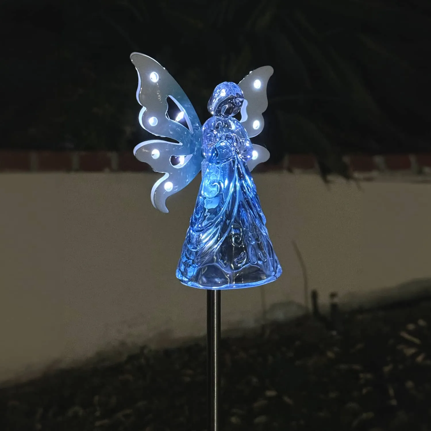 Solar Acrylic Angel with Wings and Twelve LED Lights Metal Garden Stake in Blue, 4 by 34 Inches