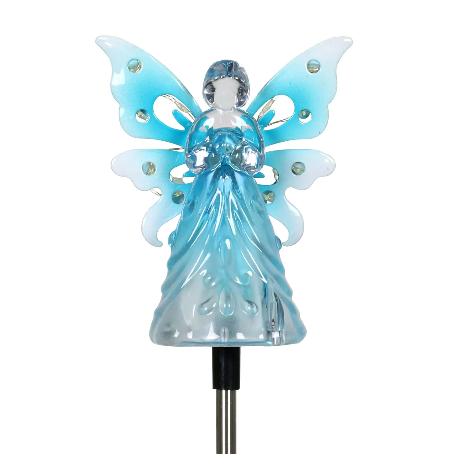 Solar Acrylic Angel with Wings and Twelve LED Lights Metal Garden Stake in Blue, 4 by 34 Inches