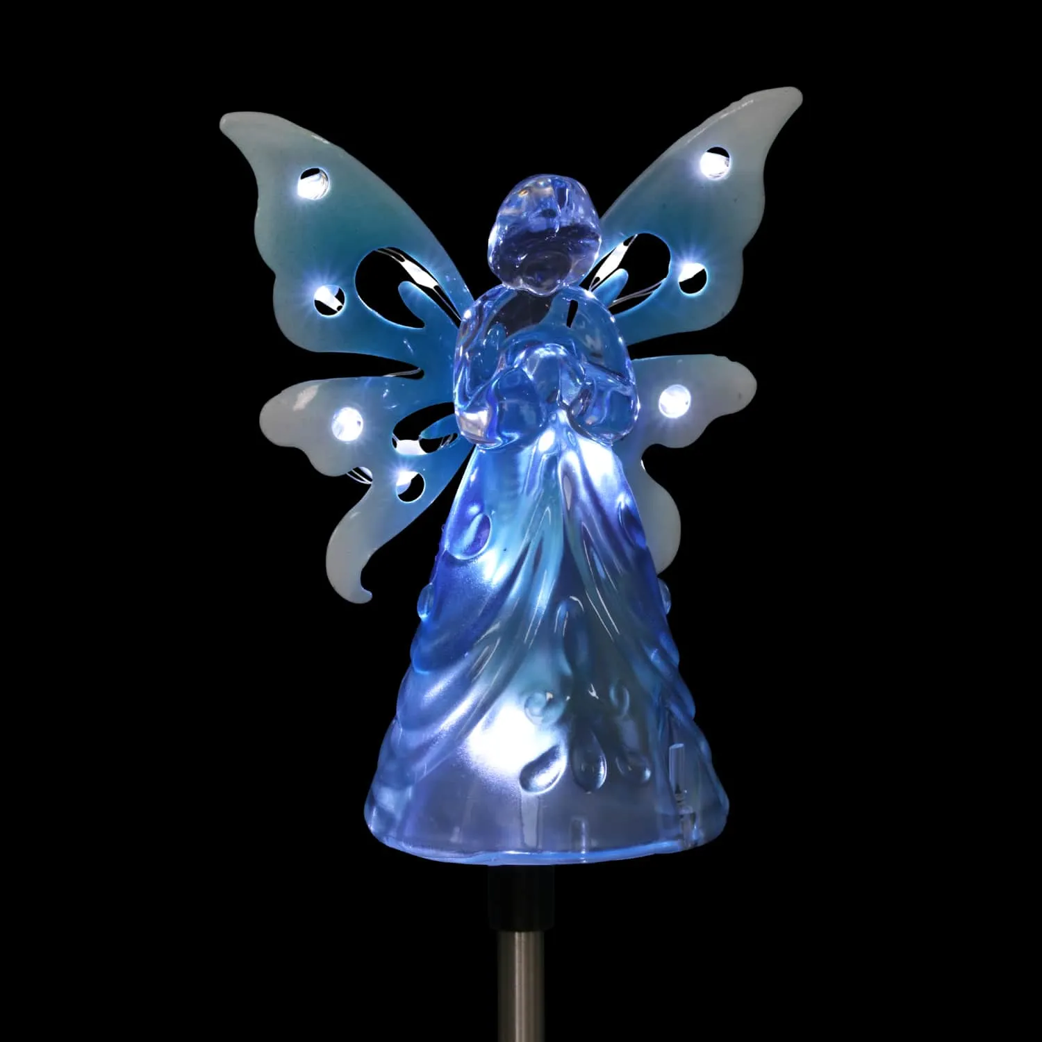 Solar Acrylic Angel with Wings and Twelve LED Lights Metal Garden Stake in Blue, 4 by 34 Inches