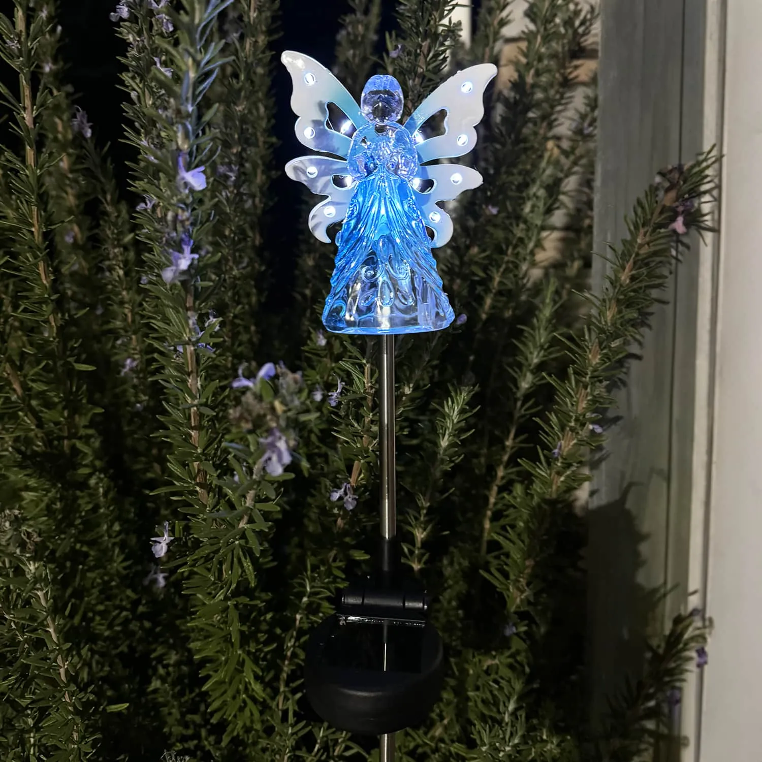 Solar Acrylic Angel with Wings and Twelve LED Lights Metal Garden Stake in Blue, 4 by 34 Inches