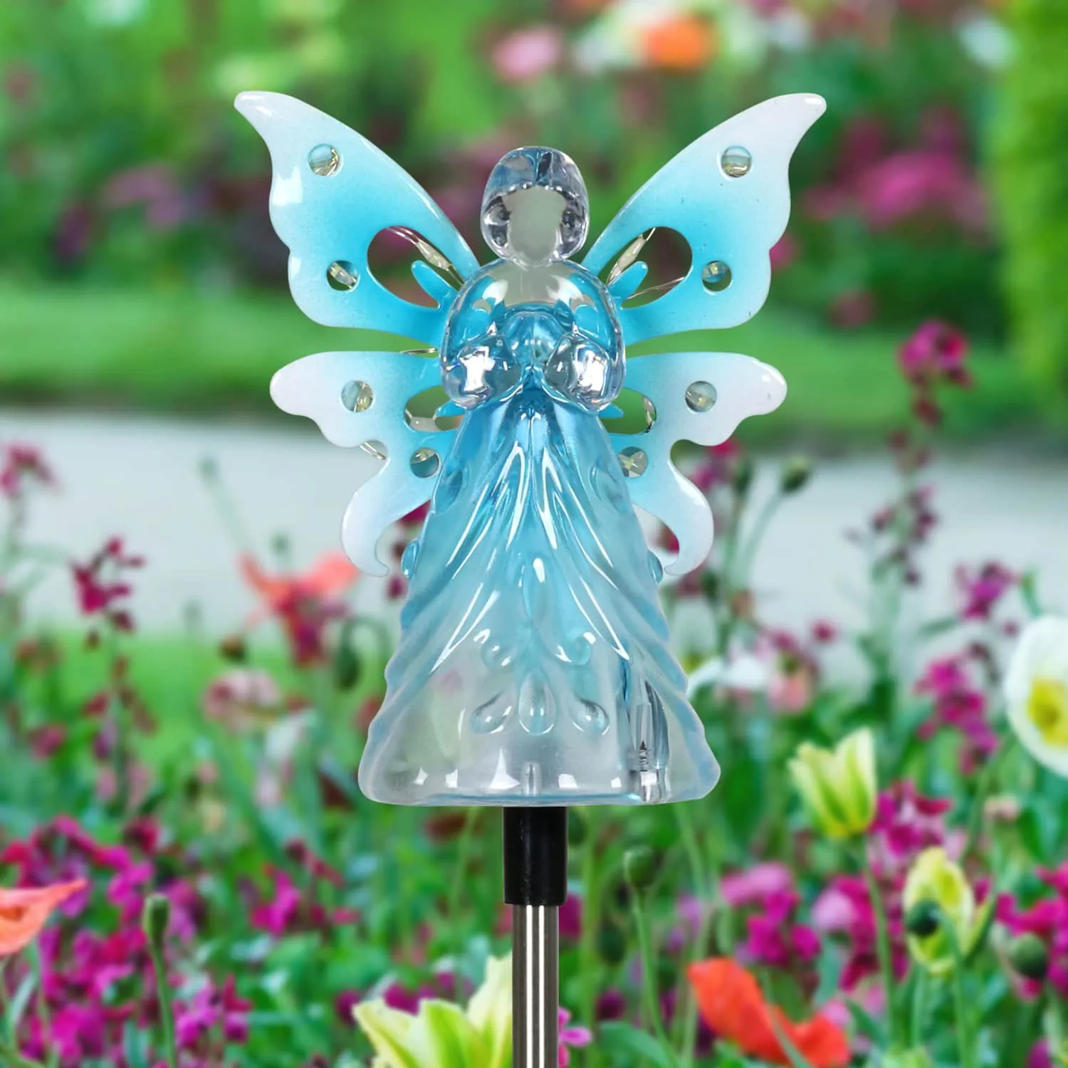 Solar Acrylic Angel with Wings and Twelve LED Lights Metal Garden Stake in Blue, 4 by 34 Inches